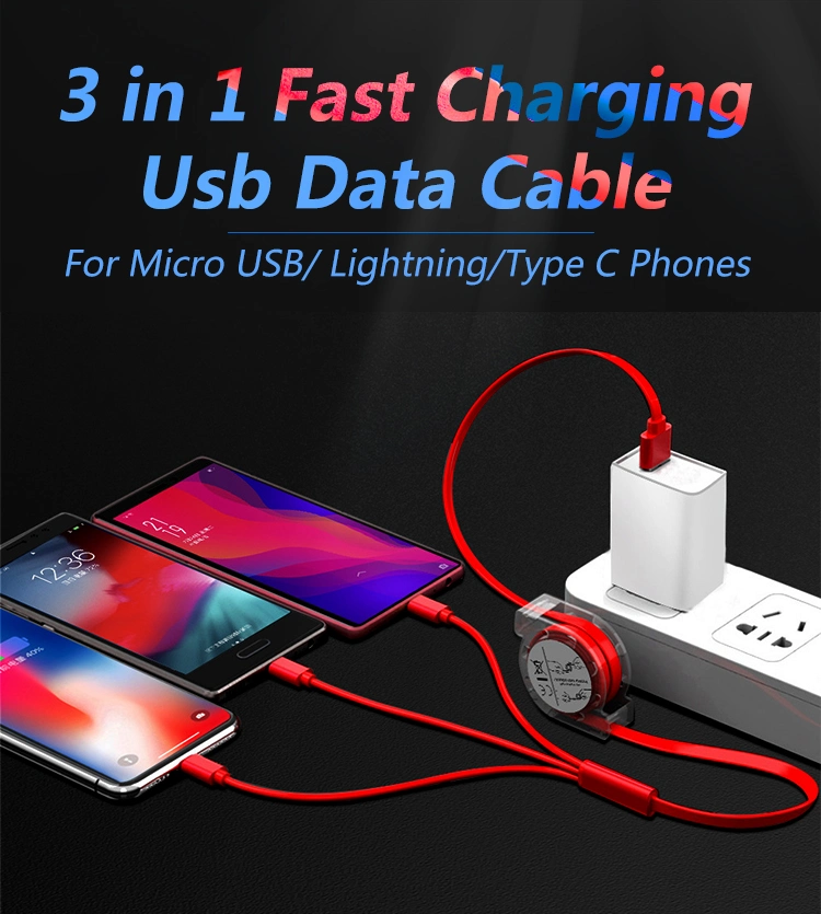 Stretch 3in1 Ios, Type C /USB C, Micro USB Charger Cable for iPhone 5 6 7 8 X Samsung Cord Wire Car Charge Mobile Phone Cables